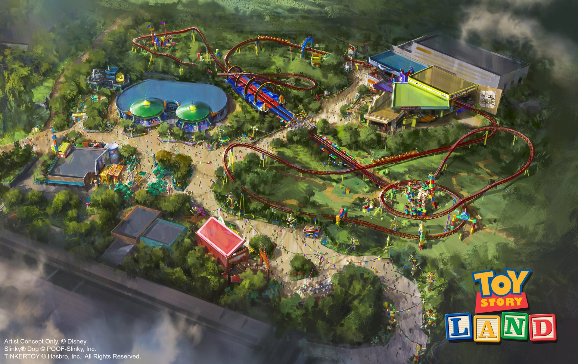 The reimagining of Disney's Hollywood Studios will take guests to infinity and beyond, allowing them to step into the worlds of their favorite films, starting with Toy Story Land. This new 11-acre land will transport guests into the adventurous outdoors of Andy's backyard. Guests will think they've been shrunk to the size of Woody and Buzz as they are surrounded by oversized toys that Andy has assembled using his vivid imagination. Using toys like building blocks, plastic buckets and shovels, and game board pieces, Andy has designed the perfect setting for this land, which will include two new attractions for any Disney park and one expanded favorite. (Disney Parks)