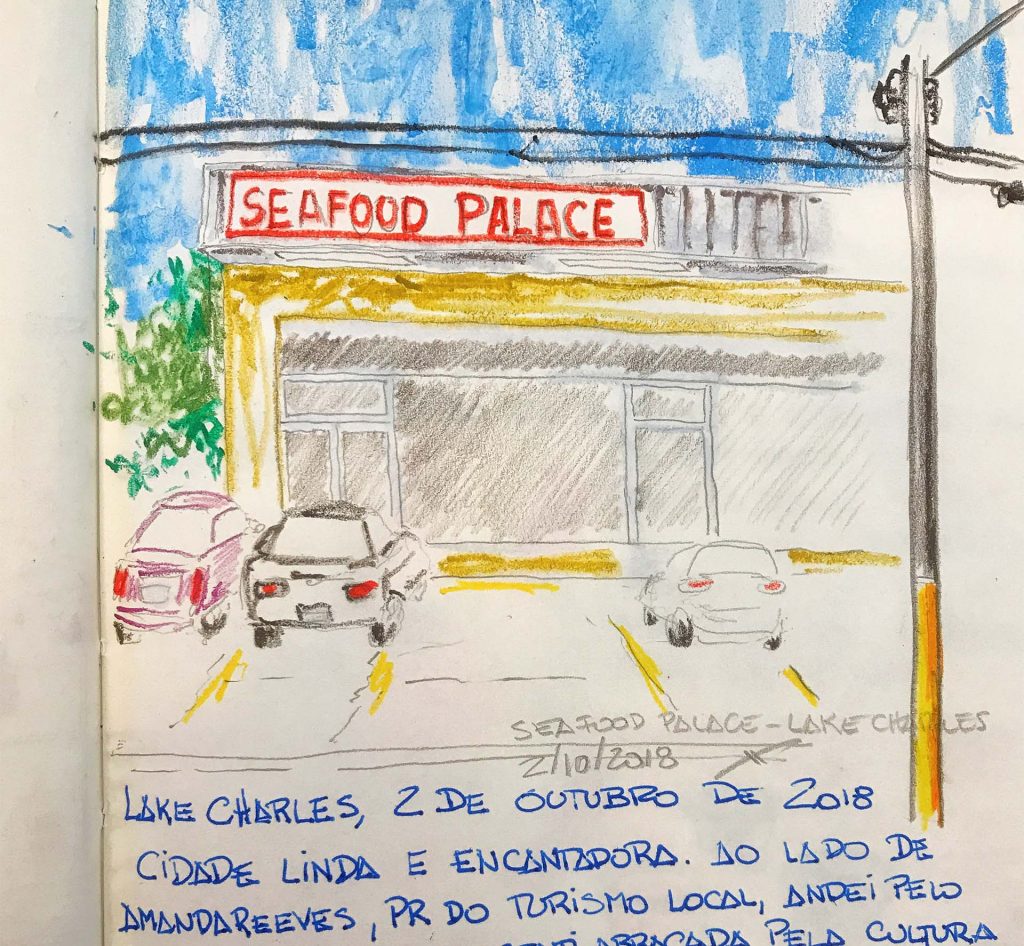 Fachada do Seafood Palace, em Lake Charles, Lousiana (Desenho: Claudia Tonaco)