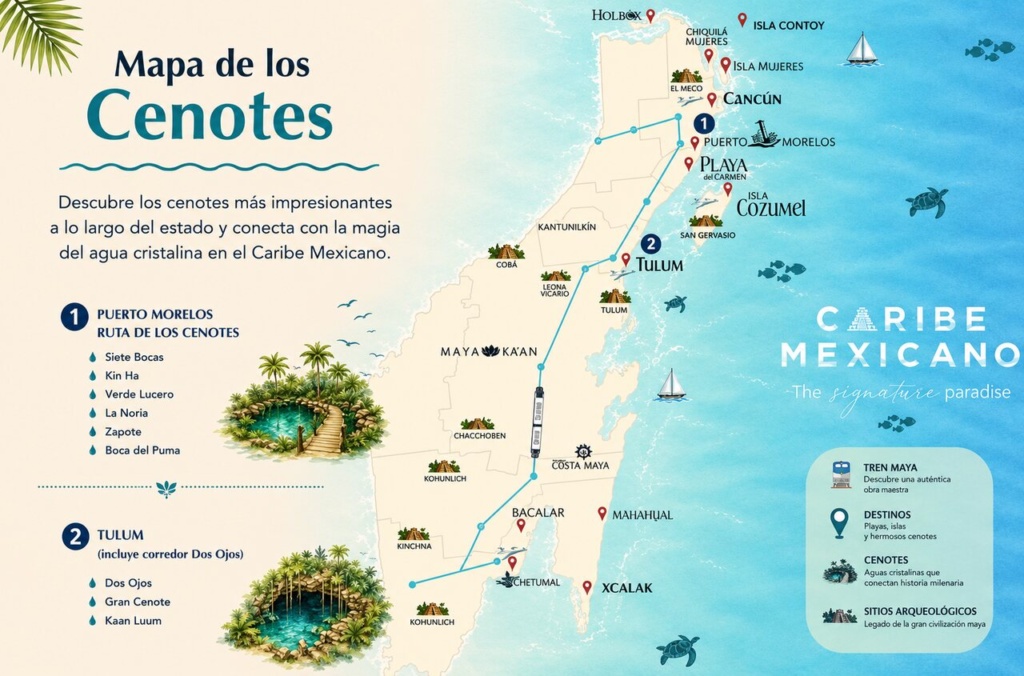 Mapa dos Cenotes do Caribe Mexicano